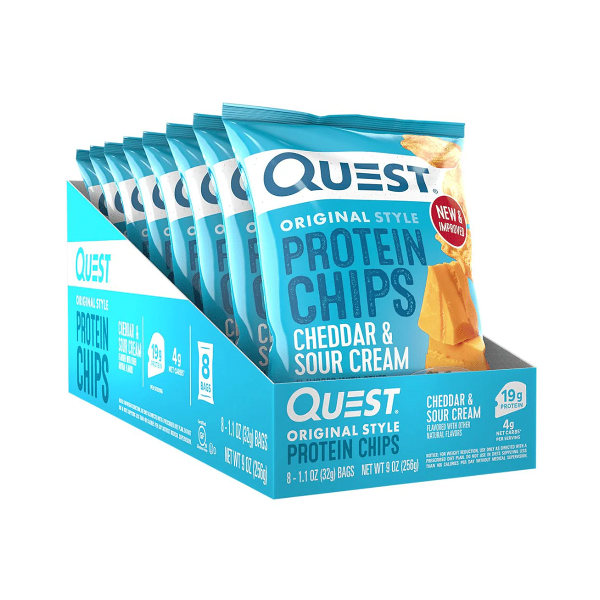 Quest Nutrition Protein Chips 8x32g - Cheddar & Sour Cream product packaging