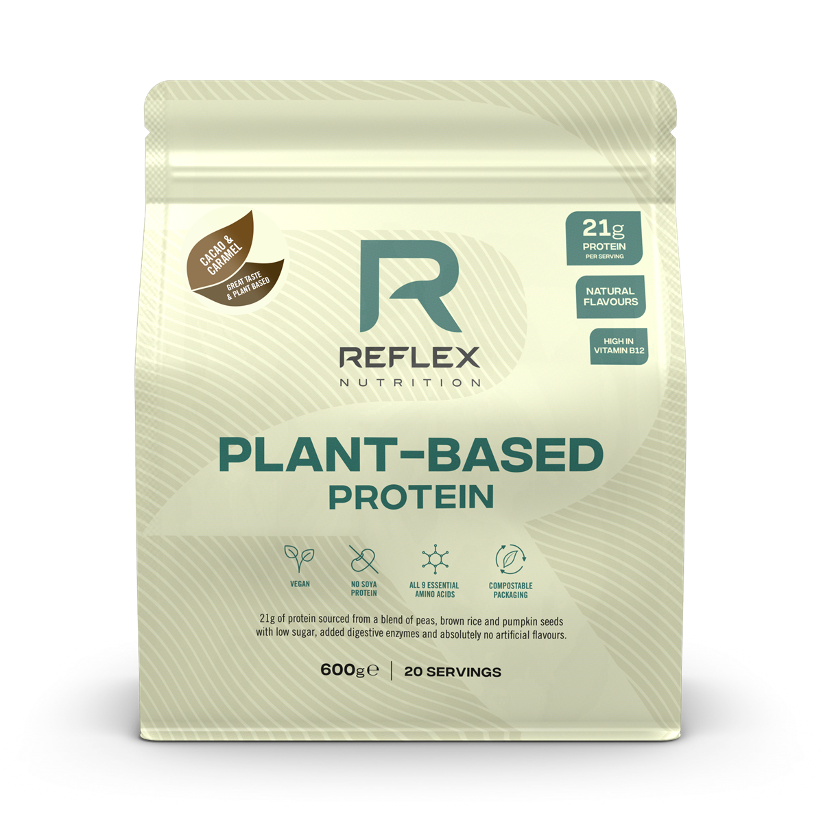 Reflex Nutrition Plant Based Protein 600g - Cacao & Caramel product packaging