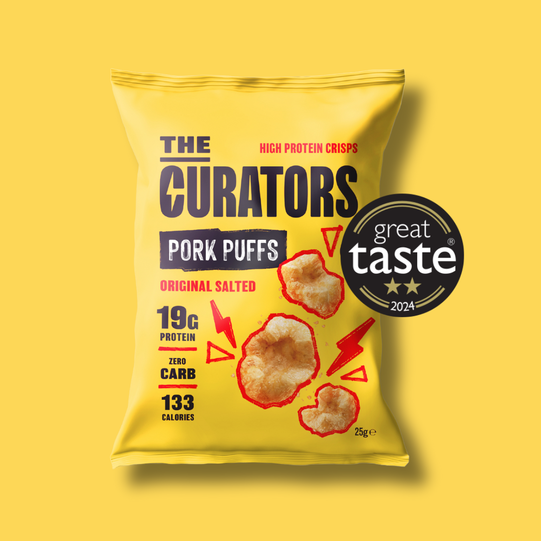 THE CURATORS, HIGH PROTEIN CRISPS, PORK PUFFS, ORIGINAL SALTED, 19G PROTEIN, ZERO CARB, 133 CALORIES, 25ge