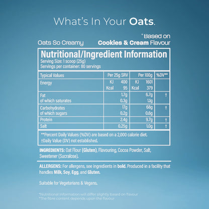Trained By JP Oats So Creamy 2kg Cookies & Cream nutrition