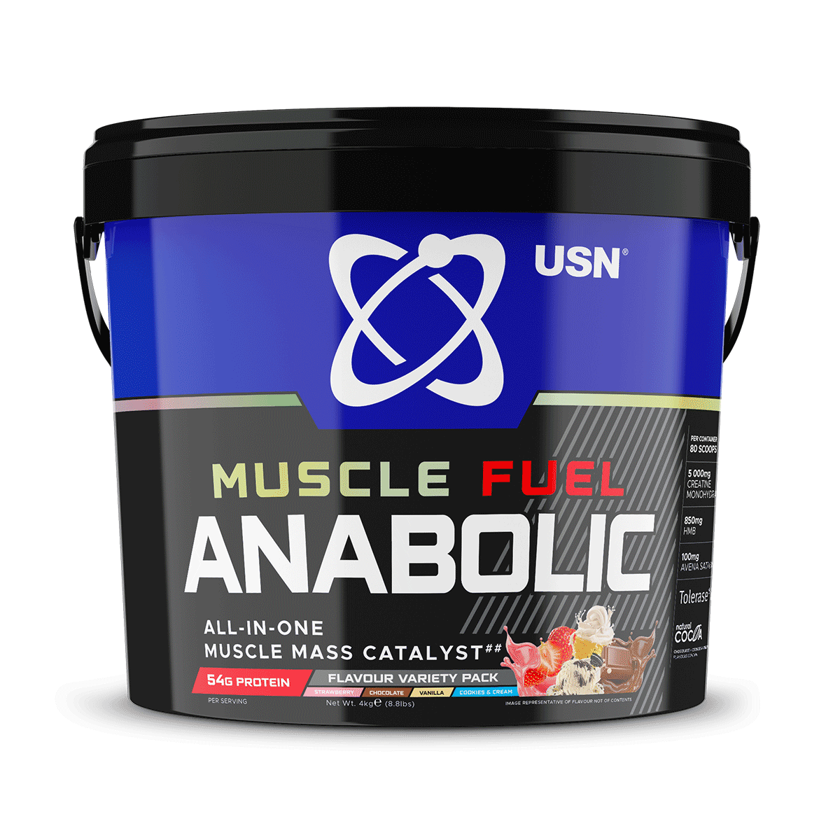 USN Muscle Fuel Anabolic Variety Pack 4kg - Cookies and Cream/Choc/Strawb/Vanilla product packaging