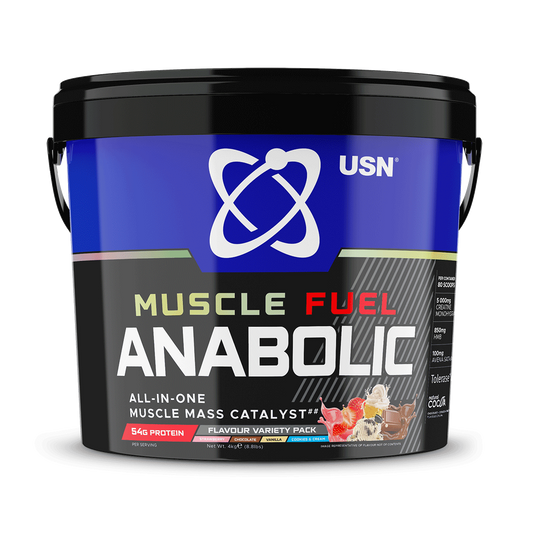 USN Muscle Fuel Anabolic Variety Pack 4kg - Cookies and Cream/Choc/Strawb/Vanilla product packaging