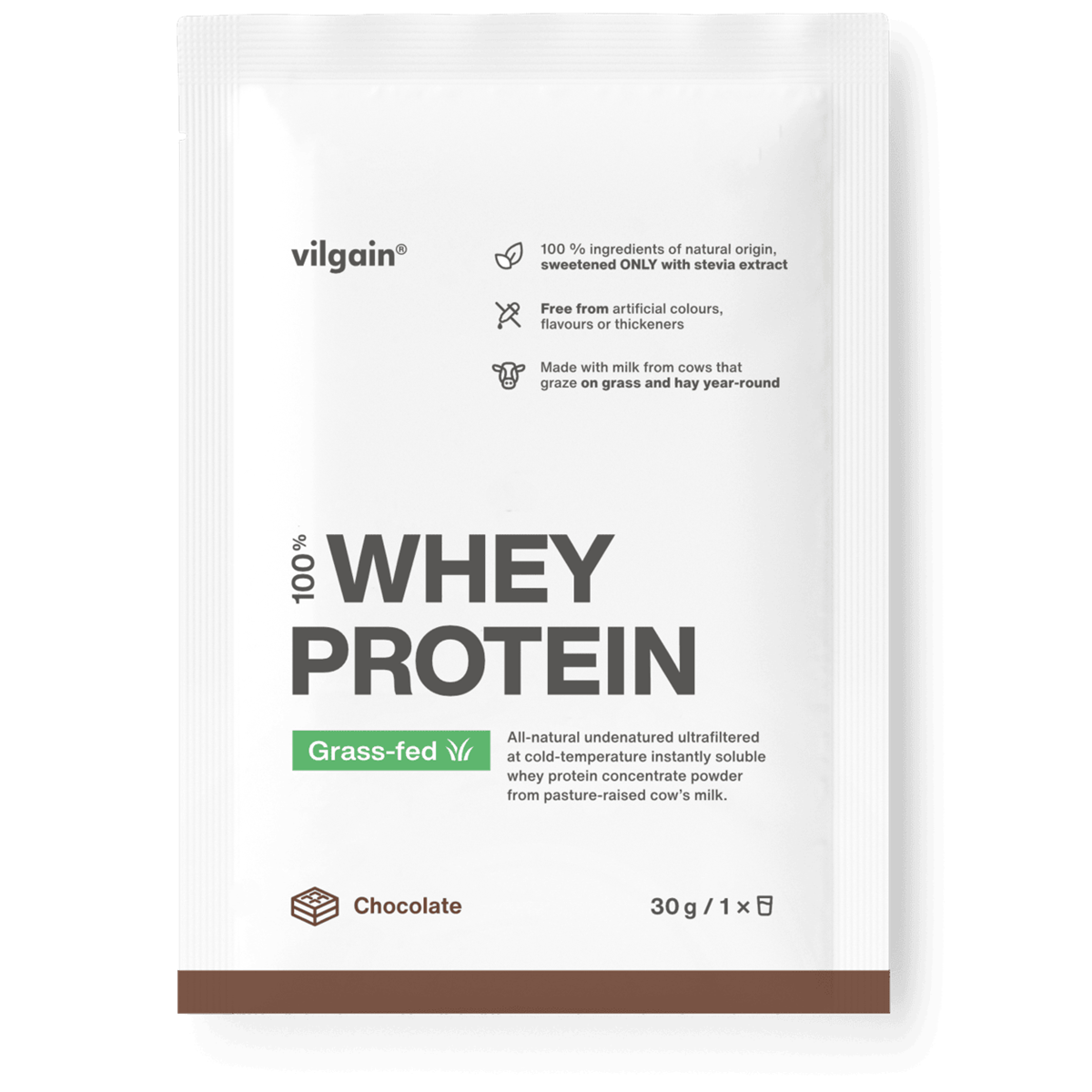 Vilgain Grass-fed Whey Protein 30g - Chocolate product packaging