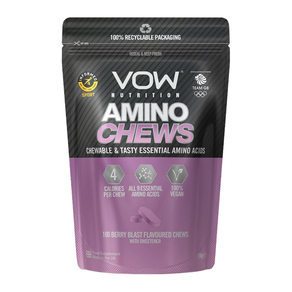 VOW Nutrition Amino Chews 100 Tabs - Berry Blast product packaging