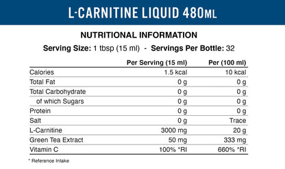 Applied Nutrition L-Carnitine 3000 480ml - Manufacturer nutrition panel for L-Carnitine Liquid 480ml, per 15ml serving.