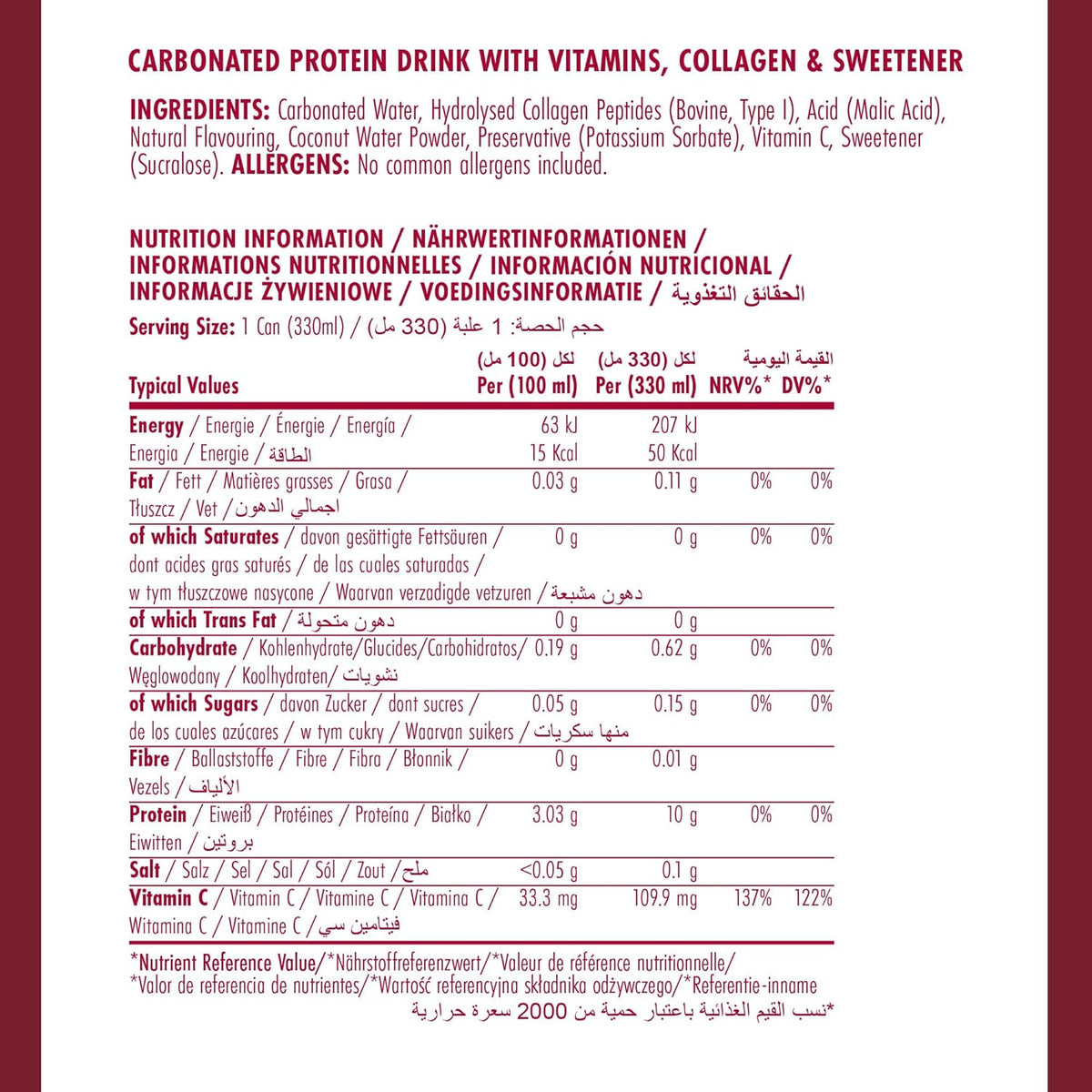 Applied Nutrition Sparkling Protein Water 12x330ml - Manufacturer reference back-label panel for a 330ml can. Flavour is not specified on this panel.