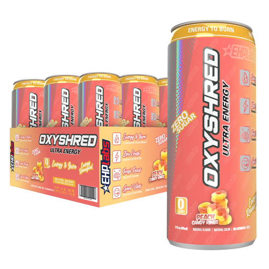 EHP Labs Oxyshred Ultra Energy Drink 12x330ml Peach Candy Rings packshot
