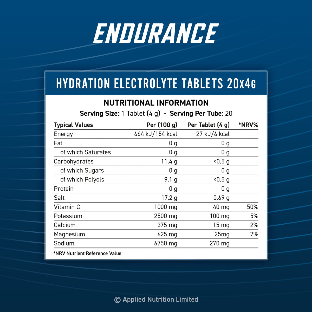 Applied Nutrition Effervescent Electrolyte Tabs 6x20 Tabs — manufacturer reference — 4g tablet — nutrition panel