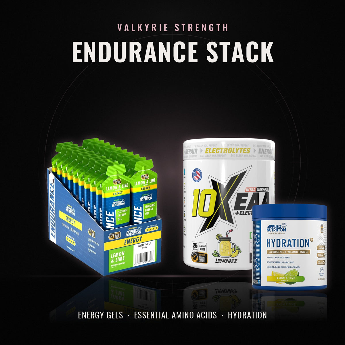 Valkyrie Endurance Stack: Applied Nutrition Endurance Energy Gel 20x60g box, 10X Athletic EAA 450g and Applied Nutrition Hydration Powder 240g on a dark Valkyrie Strength backdrop