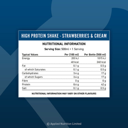Applied Nutrition High Protein Shake 8x500ml — Strawberries & Cream only — 500ml bottle — nutrition panel