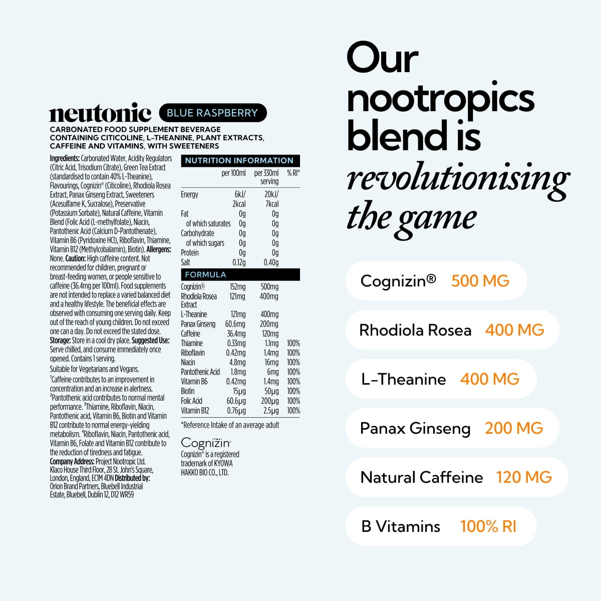 Neutonic Blue Raspberry only — manufacturer ingredients, nutrition and caffeine warning
