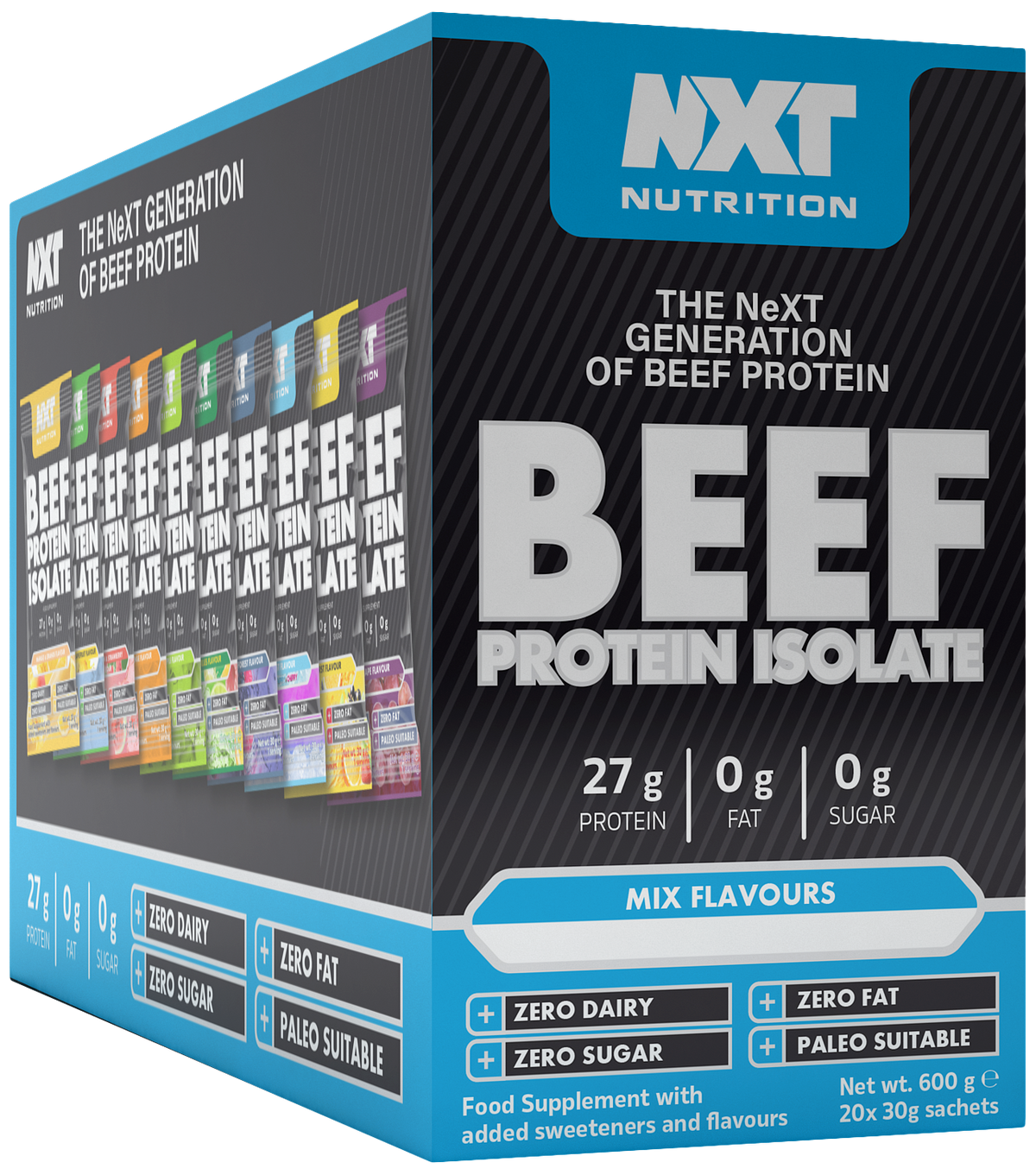 NXT Nutrition Beef Protein Isolate 20 Sachets Mixed Selection Box packshot