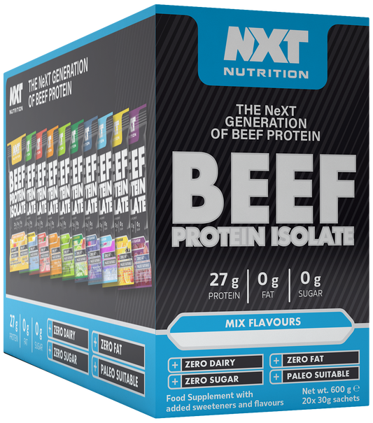 NXT Nutrition Beef Protein Isolate 20 Sachets Mixed Selection Box packshot