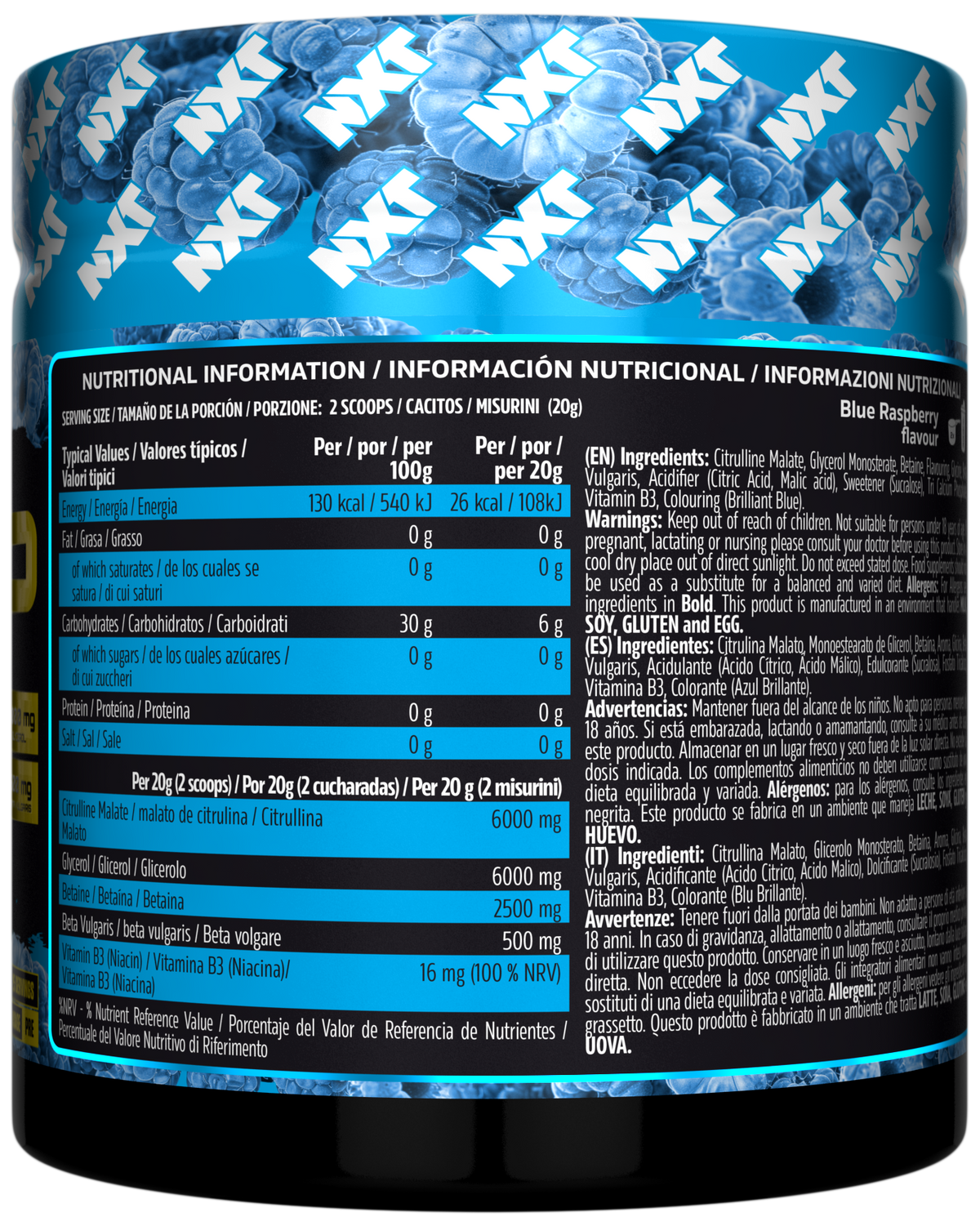 NXT Nutrition TNT Nuclear PUMP (Stim-Free) 500g Blue Raspberry nutrition panel