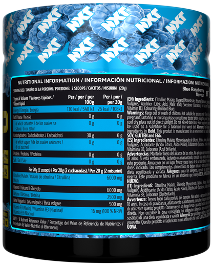 NXT Nutrition TNT Nuclear PUMP (Stim-Free) 500g Blue Raspberry nutrition panel