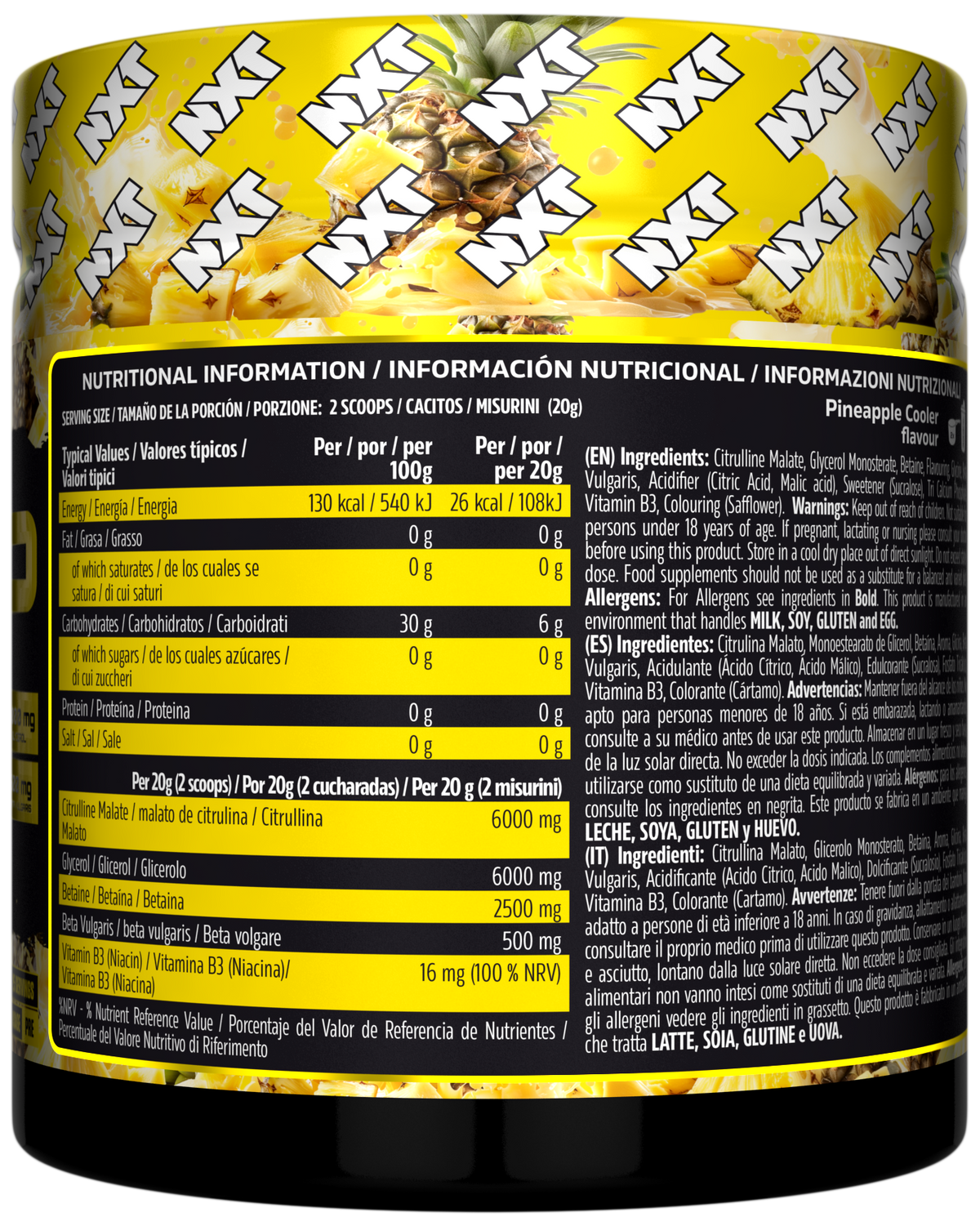 NXT Nutrition TNT Nuclear PUMP (Stim-Free) 500g Pineapple nutrition panel