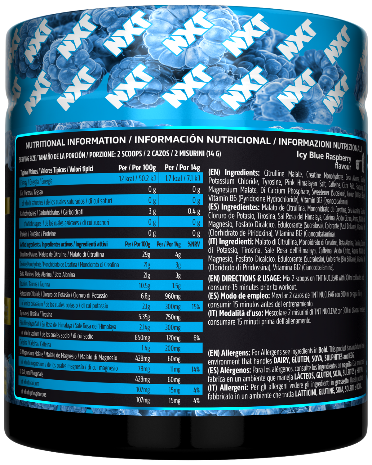 NXT Nutrition TNT Nuclear 420g Icy Blue Razz nutrition panel