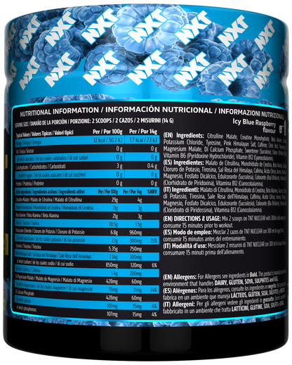 NXT Nutrition TNT Nuclear 420g Icy Blue Razz nutrition panel