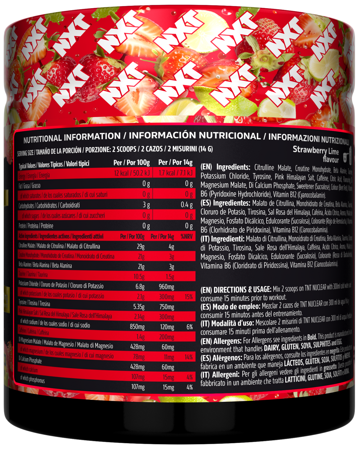 NXT Nutrition TNT Nuclear 420g Strawberry Lime Crush nutrition panel