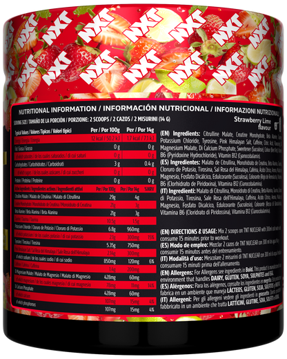 NXT Nutrition TNT Nuclear 420g Strawberry Lime Crush nutrition panel