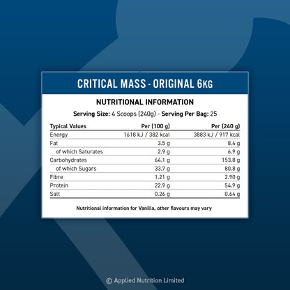 Applied Nutrition Critical Mass Original 6kg — Vanilla only — 240g serving — nutrition panel