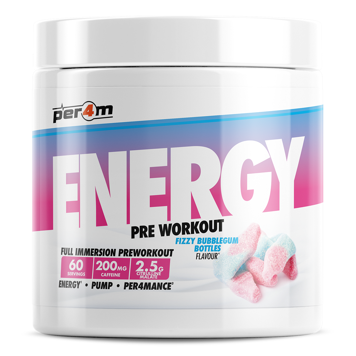 Per4m Energy Pre Workout 390g Fizzy Bubblegum Bottles