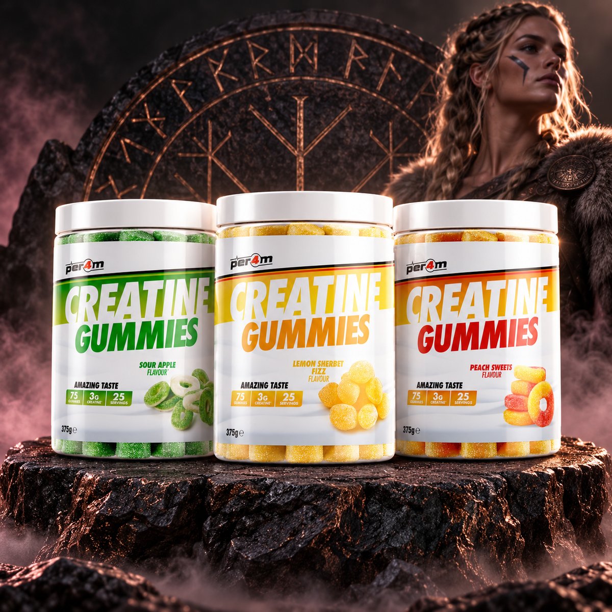 Per4m Creatine Gummies Sour Apple, Lemon Sherbet and Peach Sweets together on a Norse stone backdrop