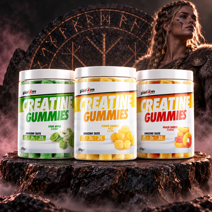 Per4m Creatine Gummies Sour Apple, Lemon Sherbet and Peach Sweets together on a Norse stone backdrop