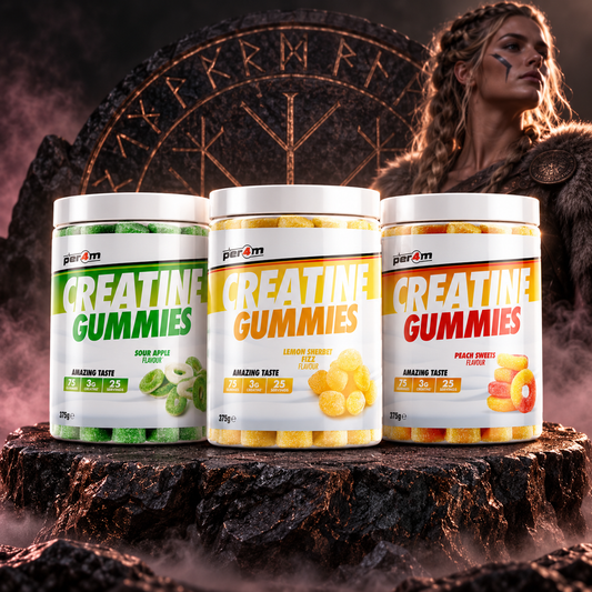 Per4m Creatine Gummies Sour Apple, Lemon Sherbet and Peach Sweets together on a Norse stone backdrop