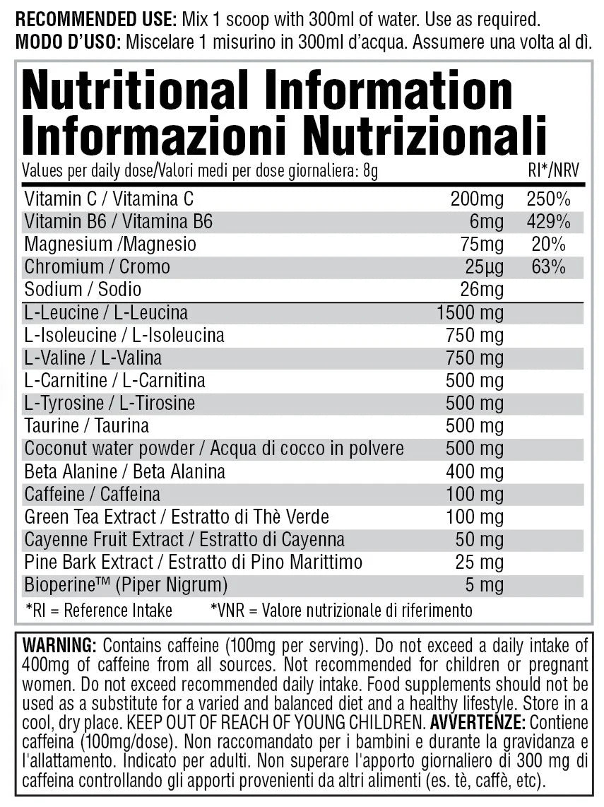 Per4m Amino Burn 240g — Lemon Lime Popsicle — manufacturer nutrition panel