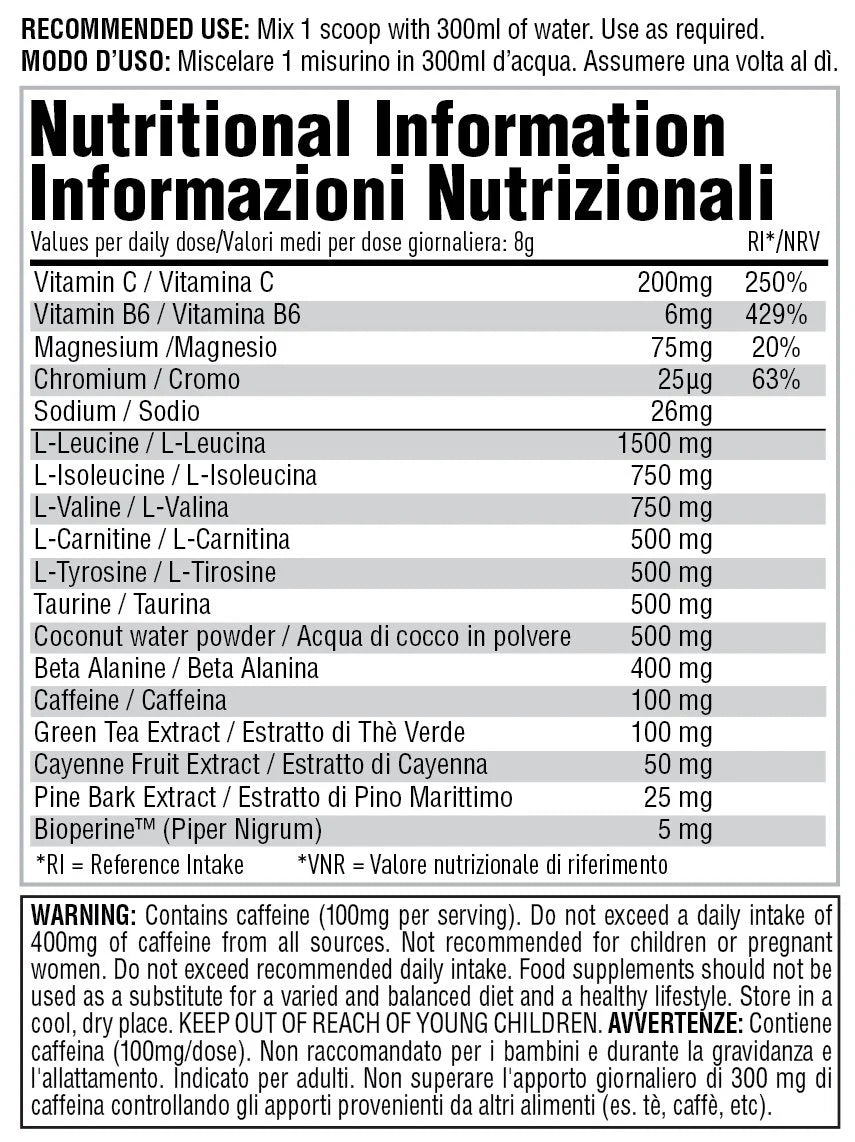 Per4m Amino Burn 240g — Mango Orange — manufacturer nutrition panel