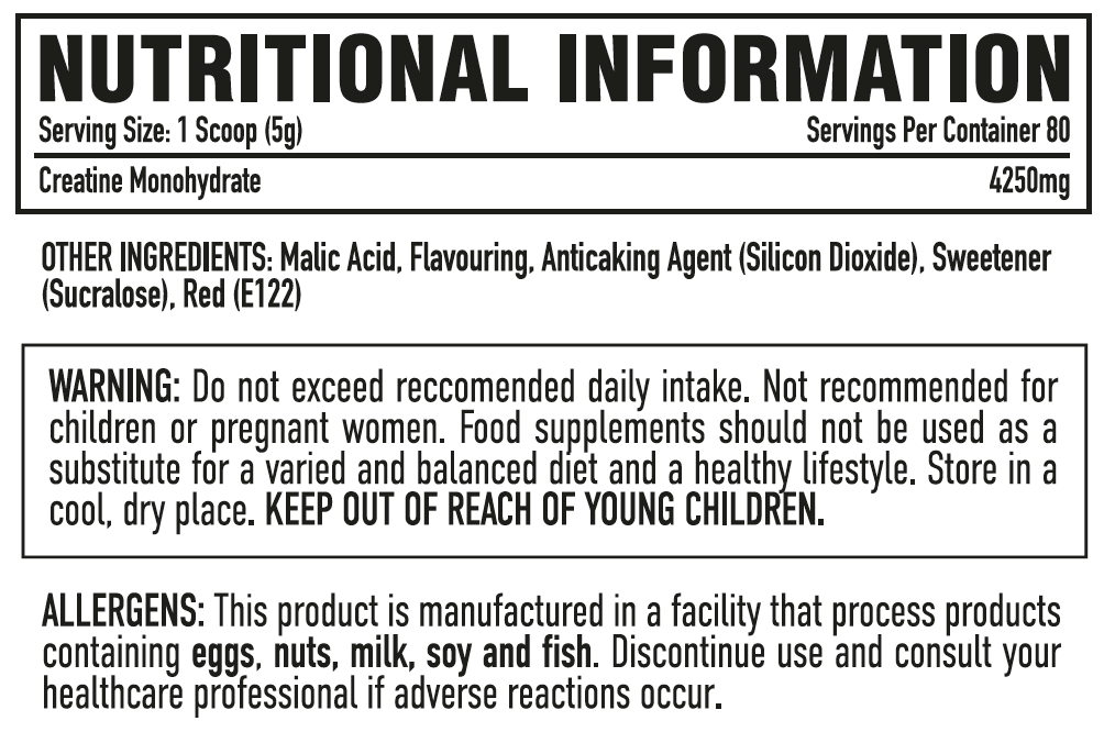 Per4m Creatine 400g — Berry Blast — manufacturer nutrition panel