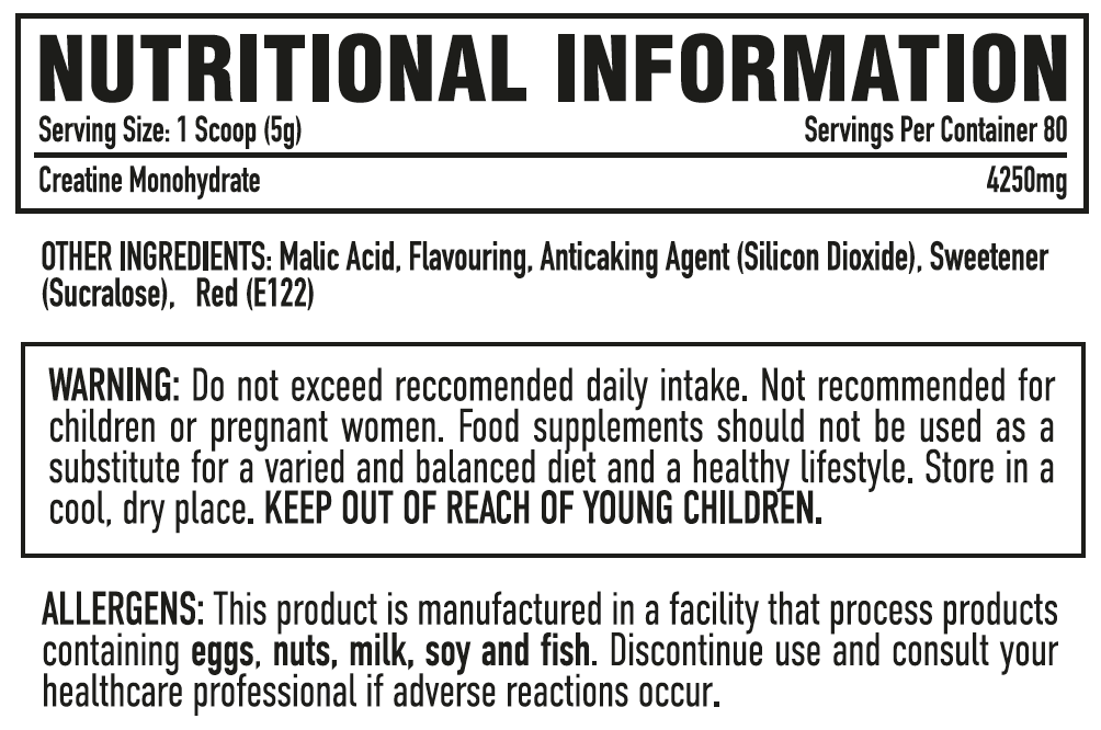 Per4m Creatine 400g — Cherry Fizz — manufacturer nutrition panel