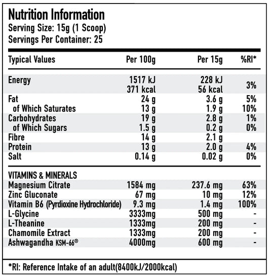 Per4m Relax Hot Chocolate — nutrition and active ingredient amounts