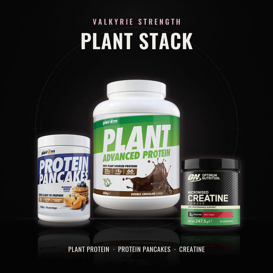 Valkyrie Plant Stack: Per4m Plant Advanced Protein 2kg, Per4m Protein Pancakes 1200g and Optimum Nutrition Micronised Creatine 247.5g on a dark Valkyrie Strength backdrop