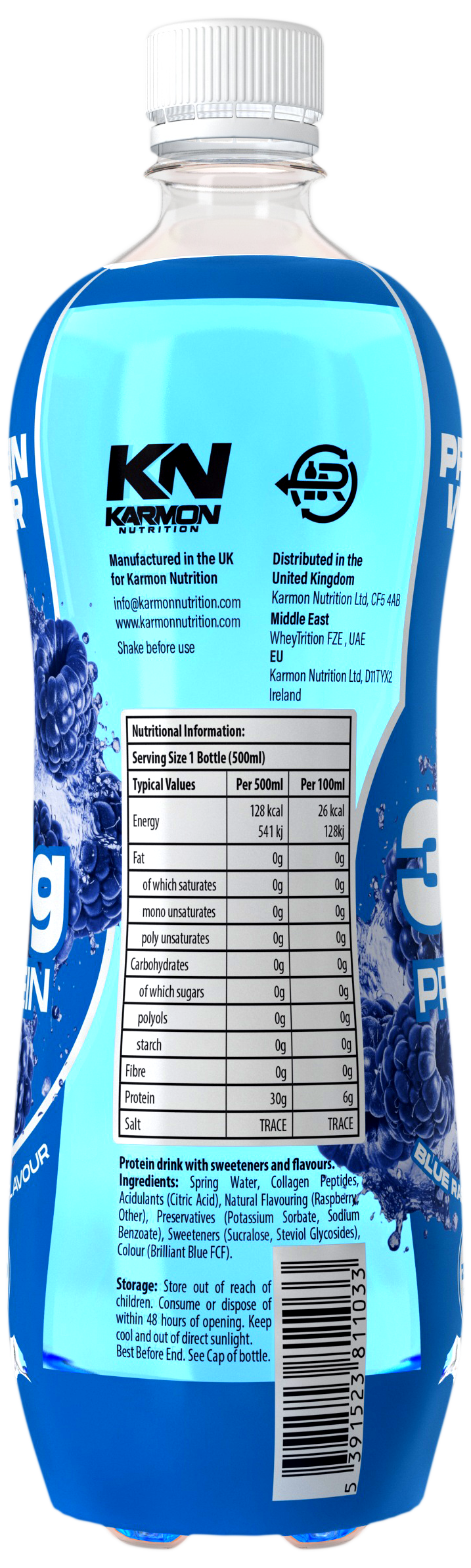 NXT Nutrition KN Protein Water 12x500ml Blue Raspberry nutrition panel