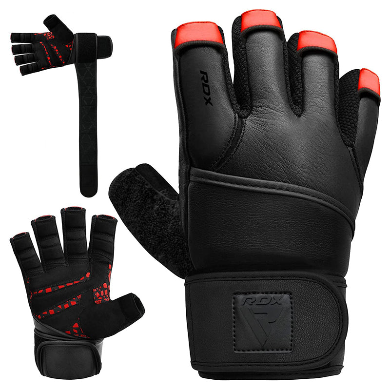 RDX L7 Weight Lifting Leather Gym Gloves Red/Black