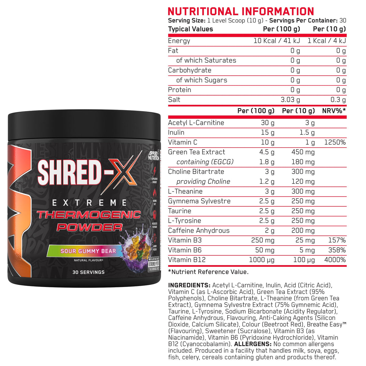 Applied Nutrition Shred-X Powder 300g — Sour Gummy Bear only — 10g serving — nutrition panel