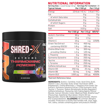 Applied Nutrition Shred-X Powder 300g — Sour Gummy Bear only — 10g serving — nutrition panel