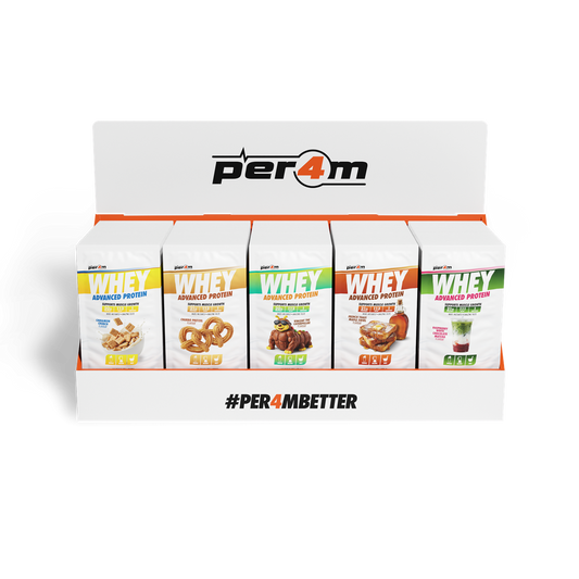 Per4m Advanced Whey Pre-Filled Sachets Counter Top Display Unit (100 Sachets) Variety Pack packshot