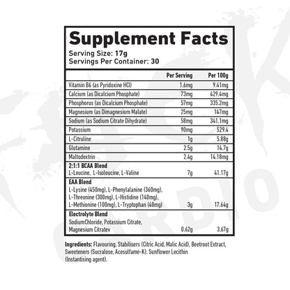 TWP Endure BCAA + EAA 510g nutrition panel (all flavours)