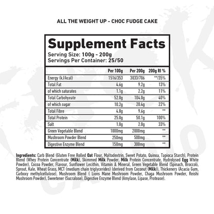 TWP All The Weight Up 5kg Chocolate Fudge nutrition panel