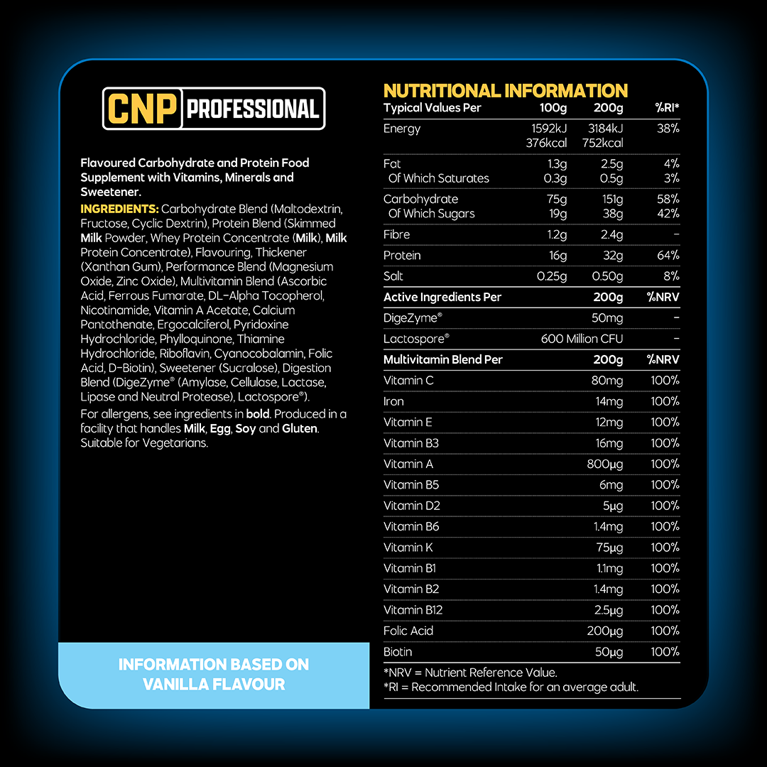 CNP Professional Pro Mass 4.8kg — manufacturer nutrition and ingredients; see panel for flavour reference