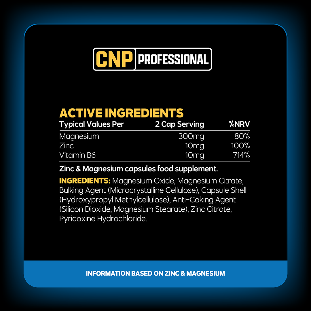 CNP Professional Zinc & Magnesium 60 Caps — manufacturer nutrition and ingredients; see panel for flavour reference