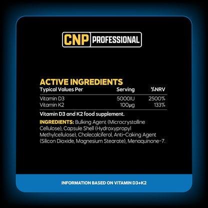 CNP Professional Vitamin D3 + K2 30 Caps — manufacturer nutrition and ingredients; see panel for flavour reference