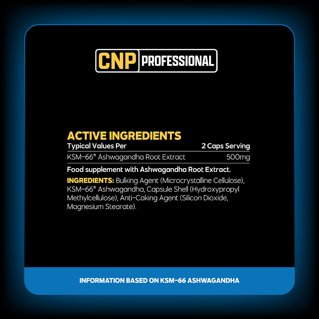 CNP Professional Ashwagandha 60 Caps — manufacturer nutrition and ingredients; see panel for flavour reference