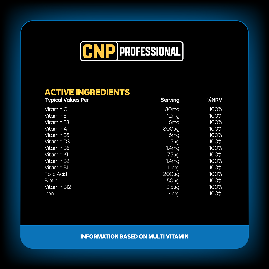 CNP Professional Multivitamins 30 Caps — manufacturer nutrition and ingredients; see panel for flavour reference