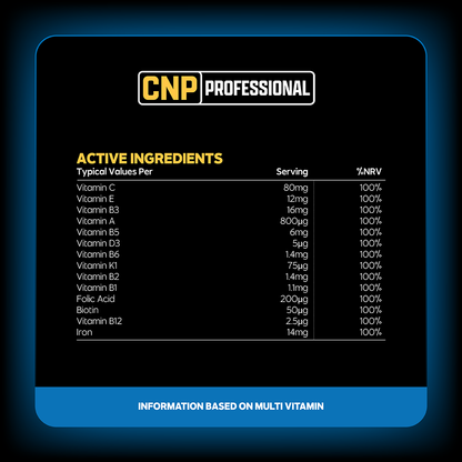 CNP Professional Multivitamins 30 Caps — manufacturer nutrition and ingredients; see panel for flavour reference