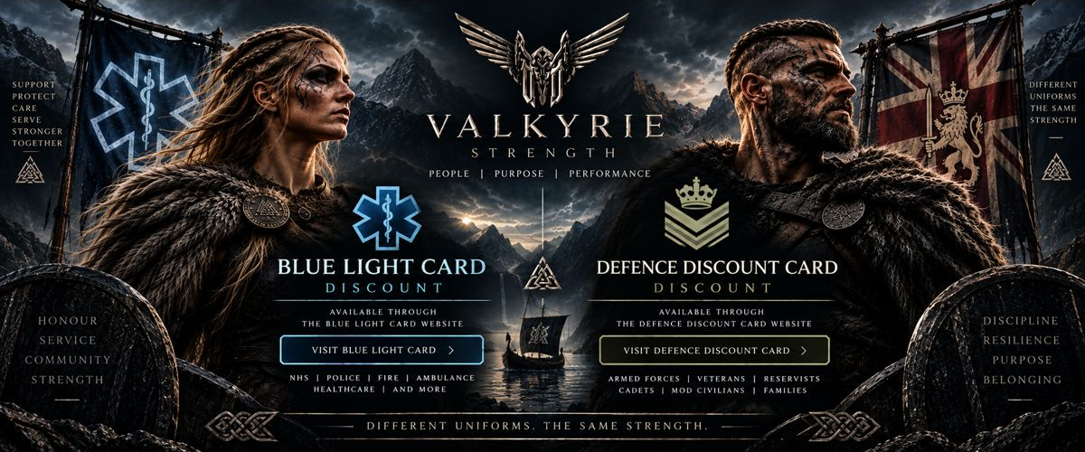 Valkyrie Strength United in Service banner: a female and a male Norse warrior with Blue Light Card discount and Defence Discount Card discount panels and Visit buttons. Different uniforms. The same strength.
