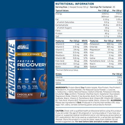 Applied Nutrition Endurance Recovery 1.5kg — Chocolate only — 50g serving — nutrition panel